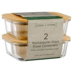 B&M Rectangular Glass Food Containers With Bamboo Lids 2pk 11 B&M Rectangular Glass Food Containers With Bamboo Lids 2pk -B&M 376824 2pk regular glass food containers1