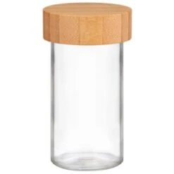 B&M Set Of 4 Glass Spice Jars With Bamboo Wood Base -B&M 394437 set of 4 glass spice jars with bamboo wood lid and base 3