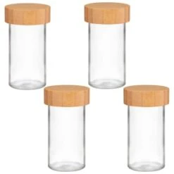 B&M Set Of 4 Glass Spice Jars With Bamboo Wood Base -B&M 394437 set of 4 glass spice jars with bamboo wood lid and base group